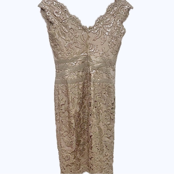 Tadashi Shoji Taupe Lace Fitted Scallop Dress 4 - Picture 3 of 9